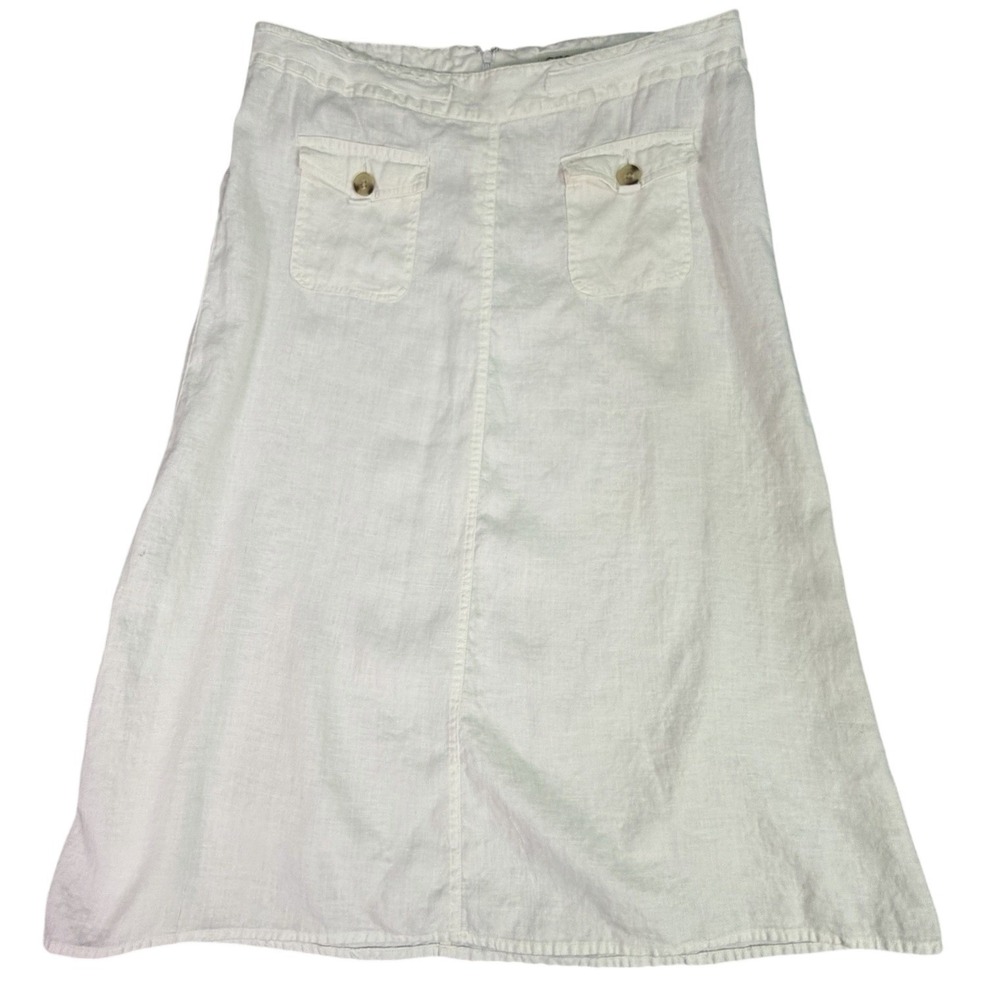 Women's White Linen A-Line Midi Skirt with Front Pockets Size 16 Cottagecore‎